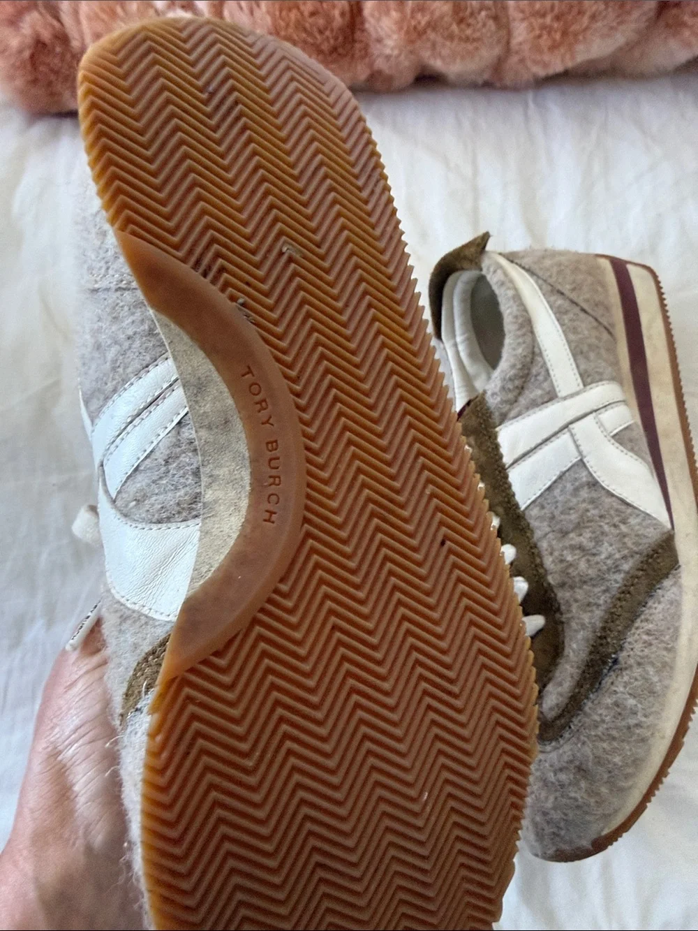 Tory Burch Wool Blend Lace-Up Sneakers in Beige & Olive
